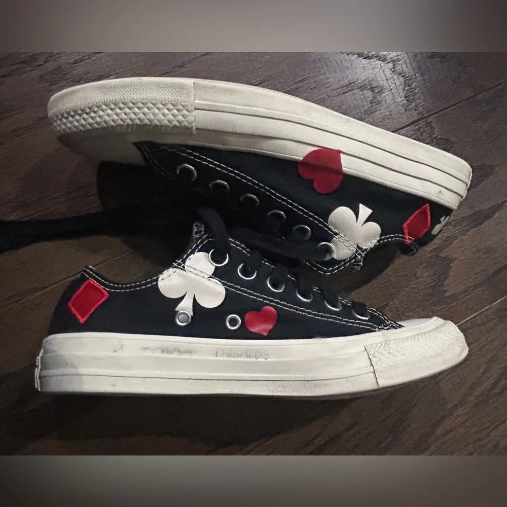 Converse Black Canvas Sneakers with Red and White Card Suits